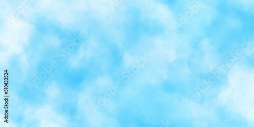 Blue watercolor sky background illustration. Abstract hand paint splash stain backdrop banner. Abstract light blue watercolor sky for background. Soft clouds in blue sky watercolor background. 