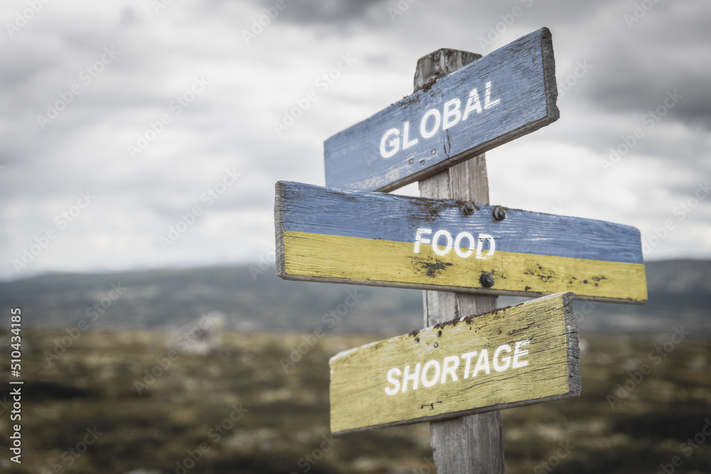 global food shortages text quote on wooden signpost outdoors in nature. War in ukraine concept.