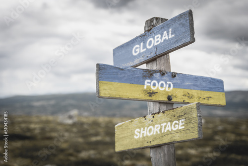global food shortages text quote on wooden signpost outdoors in nature. War in ukraine concept. photo