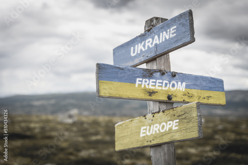 ukraine freedom europe text quote on wooden signpost outdoors in nature. War in ukraine concept.