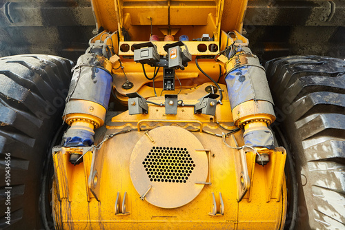 Part of a large dump truck operated by a robot. Modern mining technologies