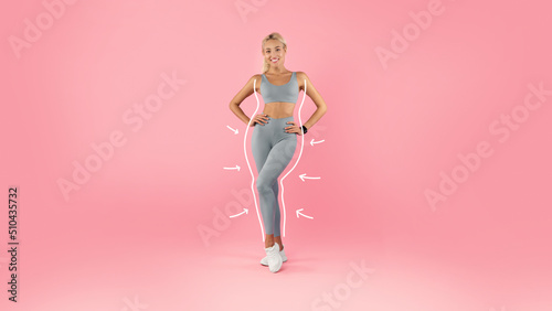 Young blonde lady in sports outfit showing attractive body on pink background, colage with weight loss lines and arrows photo