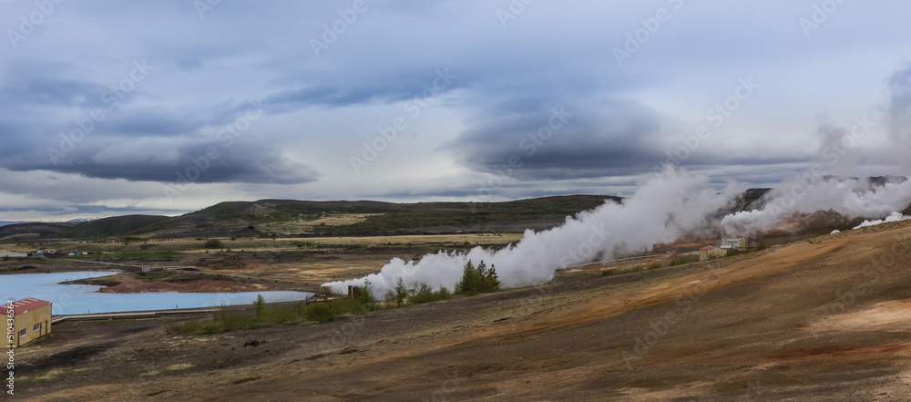 Volcanic landscape around Bjarnarflag Geothermal Electric Power Station that is oldest of its kind in Iceland