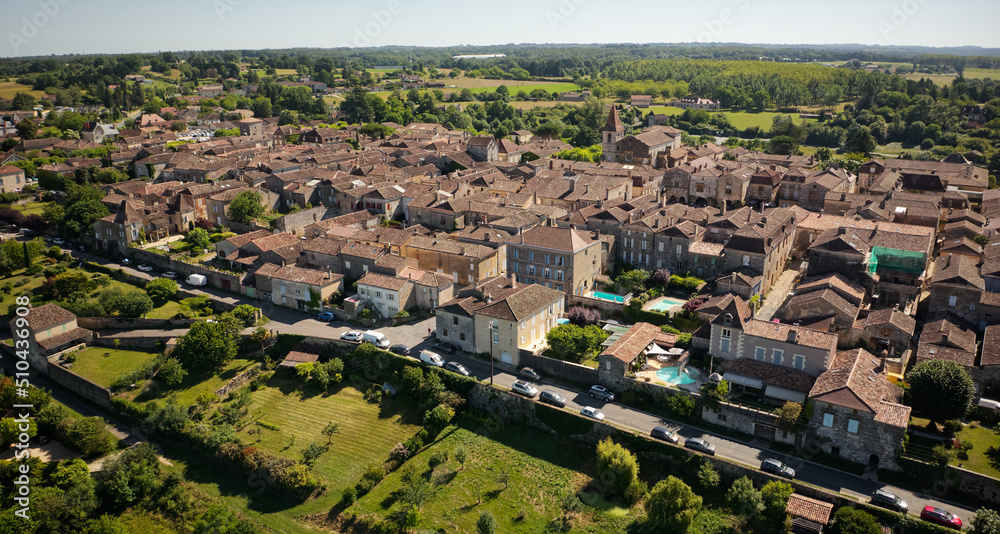 Drone shot of the village of Monpazier in Périgord