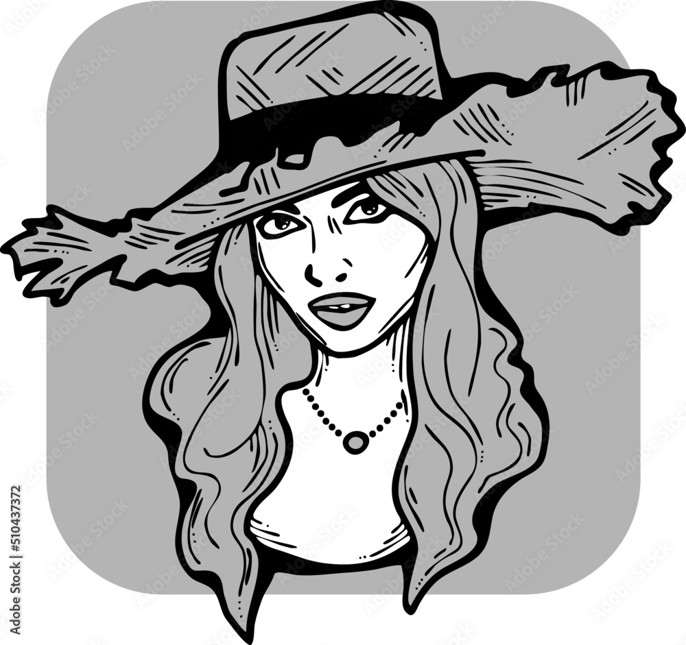 Beautiful sexy lady wear sun hat. Attractive woman dress had clothes for happy holiday. Cartoon character face portrait. Hand drawn retro vintage boho vector illustration. Old style comic line drawing Beautiful sexy lady wear sun hat. Attractive woman dress had clothes for happy holiday. Cartoon character face portrait. Hand drawn retro vintage boho vector illustration. Old style comic line drawing