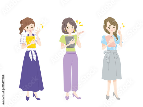 タブレットを持った若い女性のイラストセット素材