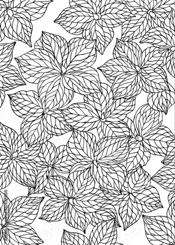 Black-white forest leaves. Seamless pattern. Vector illustration on a white background. line art ink drawing. Use for textiles, wallpapers and other graphic products.
