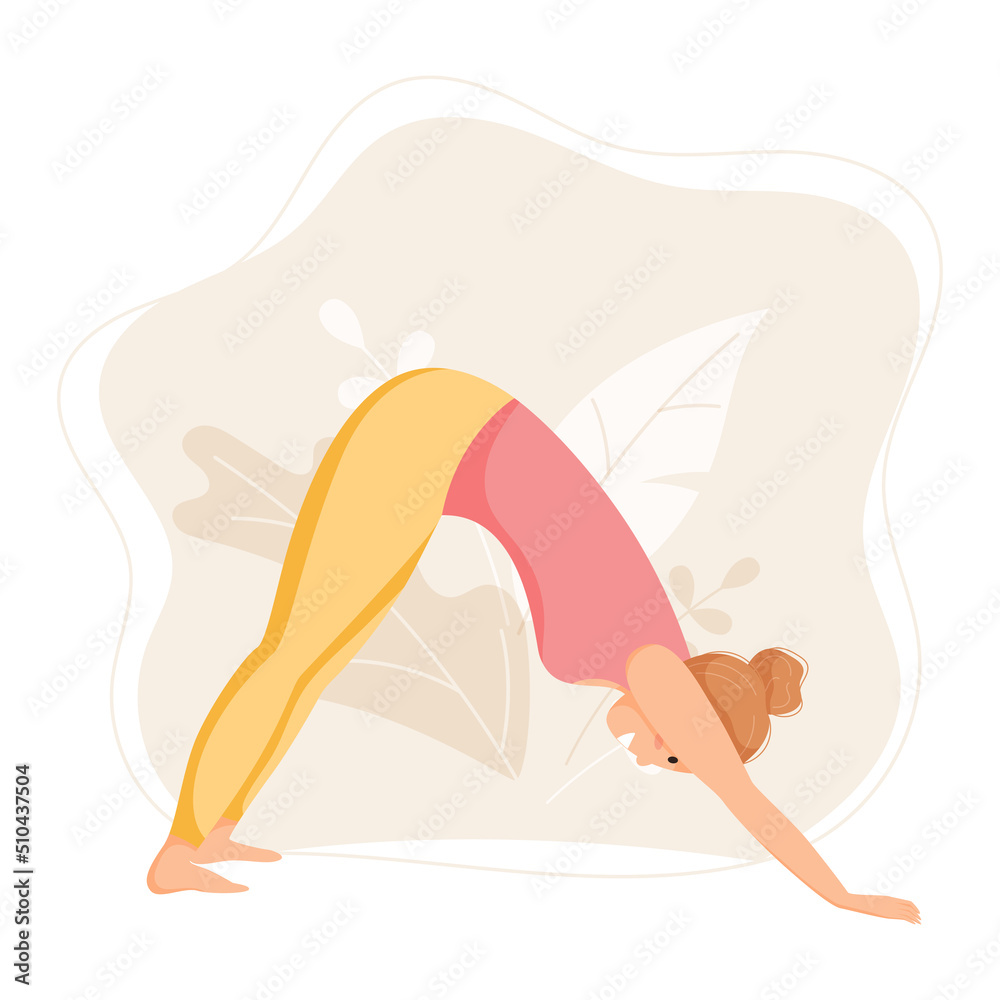 Young woman goes in for sports. Yoga and a healthy lifestyle. Asana Adho Mukha Svanasana vector banner Young woman goes in for sports. Yoga and a healthy lifestyle. Asana Adho Mukha Svanasana vector banner