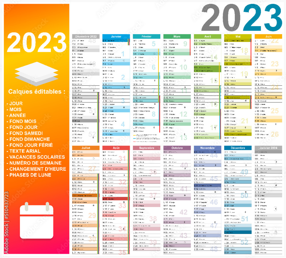 Vecteur Stock Calendrier 2023 14 mois avec vacances 2023 entièrement