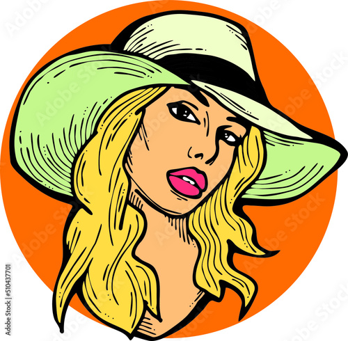 Beautiful sexy lady wear sun hat. Attractive woman dress had clothes for happy holiday. Cartoon character face portrait. Hand drawn retro vintage boho vector illustration. Old style cartoon drawing.