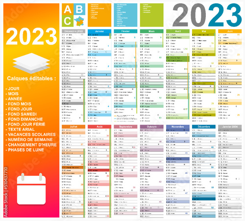 Calendrier 2023 14 mois avec vacances 2023 entièrement modifiable via calques
