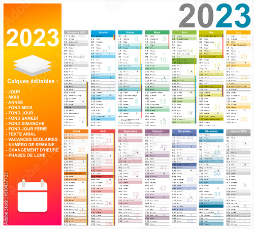 Calendrier 2023 14 mois avec vacances 2023 entièrement modifiable via calques