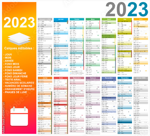Calendrier 2023 14 mois avec vacances 2023 entièrement modifiable via calques