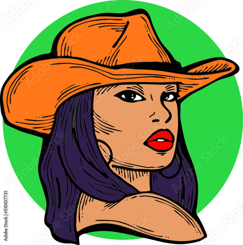 Beautiful sexy Asian lady wear sun hat. Attractive woman dress had clothes for happy holiday. Cartoon character face portrait. Hand drawn retro vintage vector illustration. Old style comic drawing.