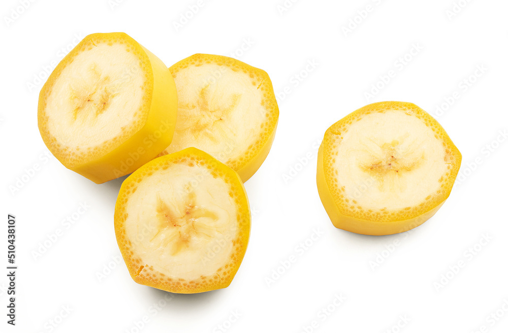 Banana isolated. Slices of ripe banana on a white background. Banana isolated. Slices of ripe banana on a white background.