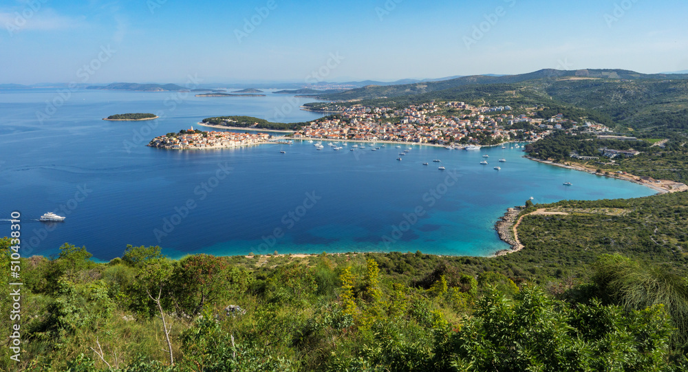 Panorama of dalmatian coast with historice town Primosten
