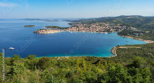 Panorama of dalmatian coast with historice town Primosten