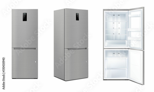 Photo Set of Realistic kitchen refrigerators with open and closed door, isolated fridge machine, freezer