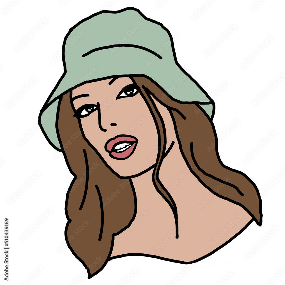 Beautiful sexy lady wear sun hat. Attractive woman dress had clothes for happy holiday. Cartoon character face portrait. Hand drawn retro vintage boho illustration. Simple colorful line drawing. Beautiful sexy lady wear sun hat. Attractive woman dress had clothes for happy holiday. Cartoon character face portrait. Hand drawn retro vintage boho illustration. Simple colorful line drawing.