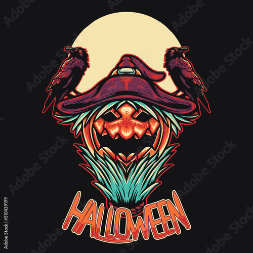 Pumpkin Halloween Scarecrow with Crow