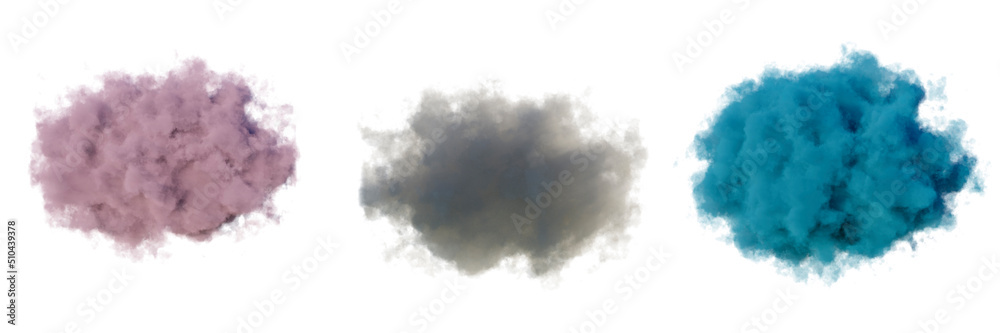 3d render. Shapes of abstract pink cloud set, clip art isolated on white background.