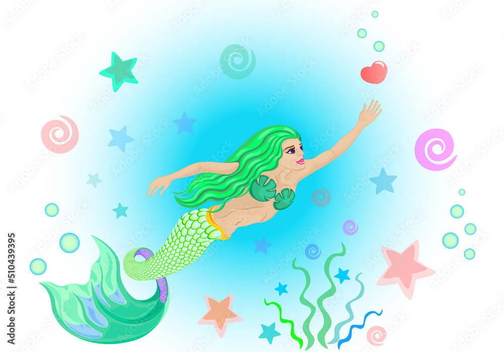 Obraz premium The little Mermaid is in hope of love and human`s life, vector illustration on white background, love, fantasy, Valentine's Day