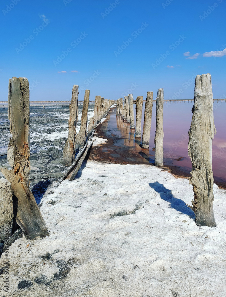 Unique salt lake near Sivash in Ukraine. Wooden poles reflected on the surface with the salt crystals. The surface of the lake is covered with salt crystals Unique salt lake near Sivash in Ukraine. Wooden poles reflected on the surface with the salt crystals. The surface of the lake is covered with salt crystals