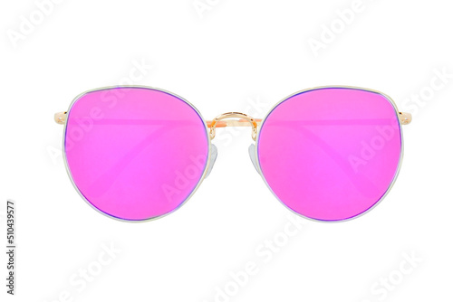 Pink reflecting round summer sunglasses isolated on white background