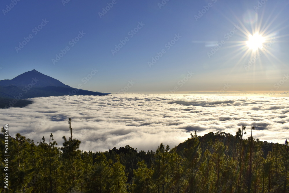 Panoramic view of a sunset in the Teide National Park. Volcano Teide. Highest mountain of Spain.