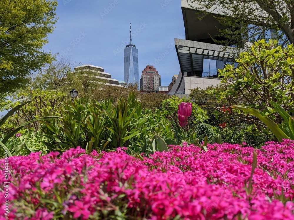 World Trade Center and flower bed in Battery Park City, New York, NY - June 2022