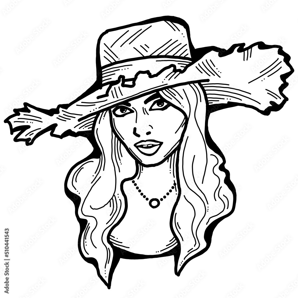 Beautiful sexy lady wear sun hat. Attractive woman dress had clothes for happy holiday. Cartoon character face portrait. Hand drawn retro vintage boho illustration. Simple colorful line drawing. Beautiful sexy lady wear sun hat. Attractive woman dress had clothes for happy holiday. Cartoon character face portrait. Hand drawn retro vintage boho illustration. Simple colorful line drawing.