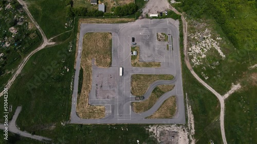 4k footage from a drone at a training ground for teaching truck driving