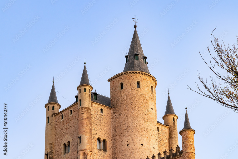 Detail of towers of The Alcazar of Segovia in Castilla y Leon, Spain