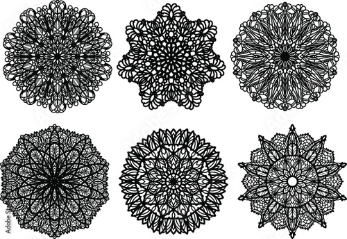 Mandala black and white isolated linear drawing. Circular snowflake pattern ornament for coloring and printing on fabric and paper.Esotericism