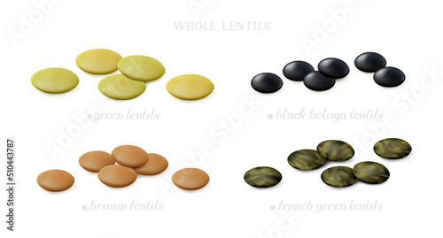Canvastavla Groups of green, brown, black beluga and French lentil (whole and unshelled) isolated on white background