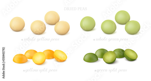 Groups of yellow and green dried peas (whole and split) isolated on white background. Side view. Realistic vector illustration.