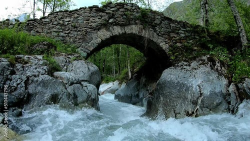 Powerful rapid river going under an ancient stony bridge (in close up) in a mountain forest. Location : Valley 