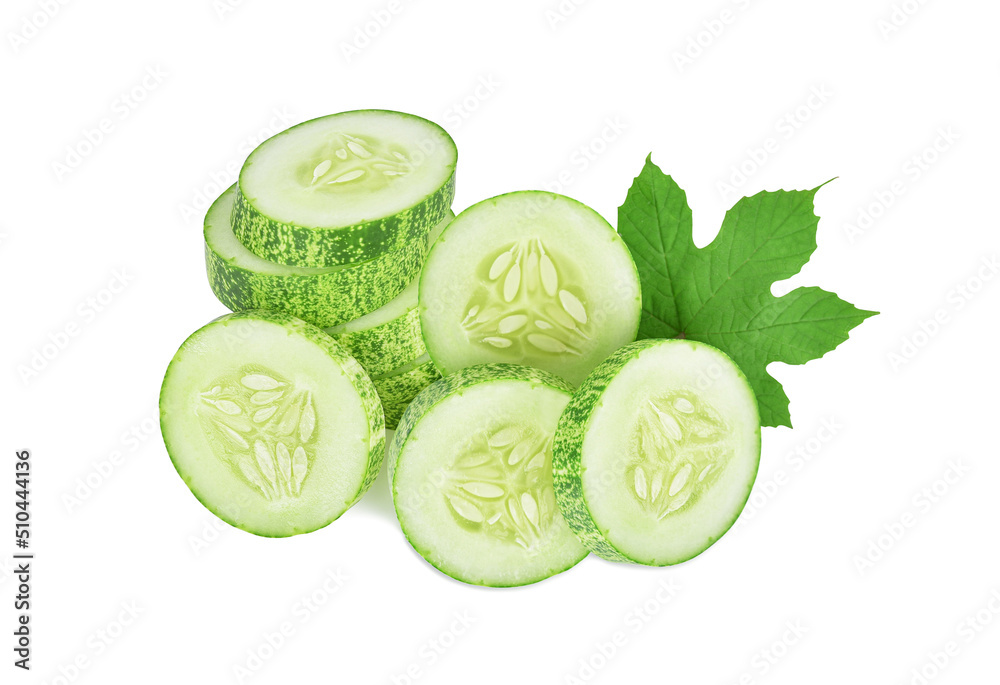 Slices of cucumber with leaf isolated on white background. Slices of cucumber with leaf isolated on white background.