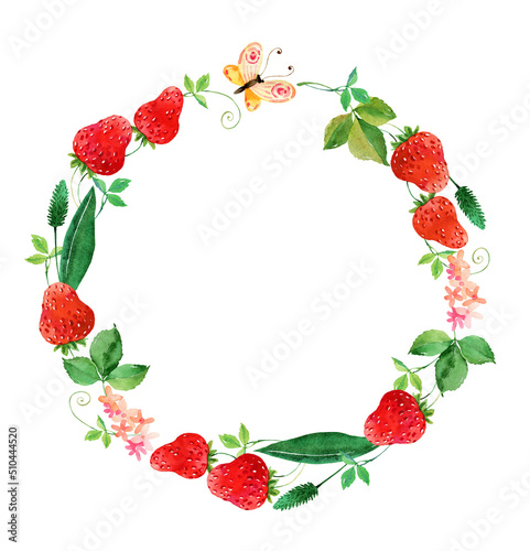 Watercolor strawberries  wild flowers wreath. Summer healthy food circle border. 