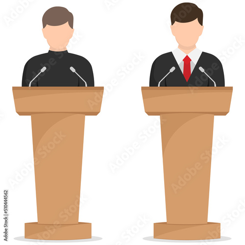 Speaker icon. Orator speaking from tribune. Vector illustration.
