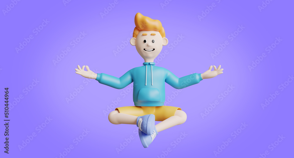 3d render of young man smile and yoga pose.