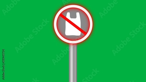 Stop using plastic or ban plastic singh board with blinking red light isolated on green screen.