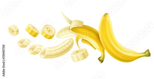 Flying banana composition. Realistic tropical sweet fruit isolated on white background. Cleaning, slicing process, falling pieces and whole, 3d natural healthy food, vector concept
