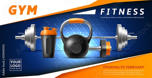 Gym realistic poster. Sport accessories kettlebell and barbell, shaker and dumbbell, bodybuilding devices, advertising fitness advertise banner, pumping muscles objects, vector concept
