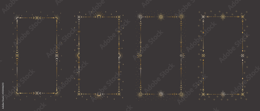 Mystic celestial golden frame set with different stars, crescents dots, beams, moon phases and a copy space. Ornate magical backgrounds with shiny elegant borders for stories and social media design - obrazy, fototapety, plakaty 