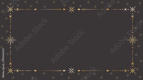 Vector mystic celestial golden frame with different stars, dots, beams and a copy space. Ornate magical background with shiny corners. Banner with an elegant border and a place for text