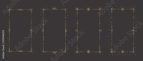 Photo Mystic celestial golden frame set with different stars, crescents dots, beams, moon phases and a copy space