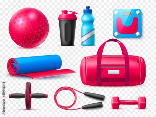 Realistic fitness elements. Gym women accessories, girls yoga objects, different sport devices, bottle and shaker, bag, mat and dumbbell, jump rope and scales. Healthy lifestyle vector set