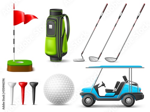Realistic golf elements. Recreational sport game accessories, professional equipment, isolated 3d objects ball, clubs and machine, tee, flag on green grass and niblick bag. Vector set
