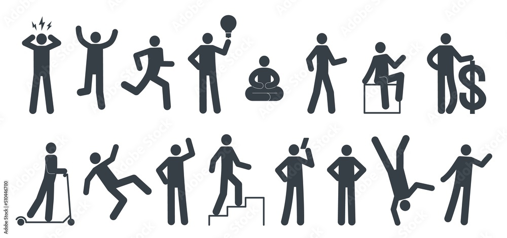 Stickman postures. Primitive little man pictogrames, monochrome people signs, different poses, standing and walking, yoga and fitness, falling and climbing, business man, nowaday vector set
